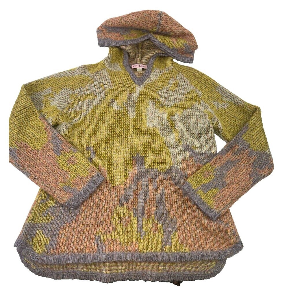 April Cornell Hooded Sweater Pullover‎ Knit Yellow Purple Geometric Womens Large